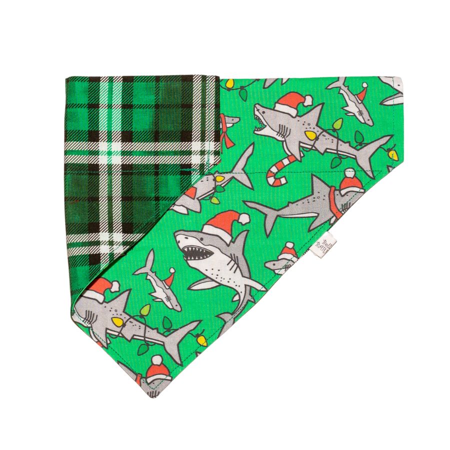 Holiday Sharks / Plaid  Reversible Personalized Dog Bandana