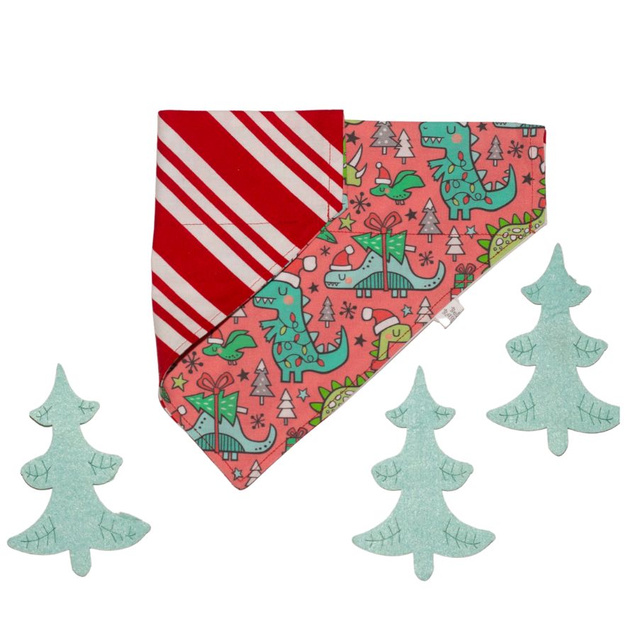 Holiday Dinosaurs/Candy Cane  Reversible Personalized Dog Bandana